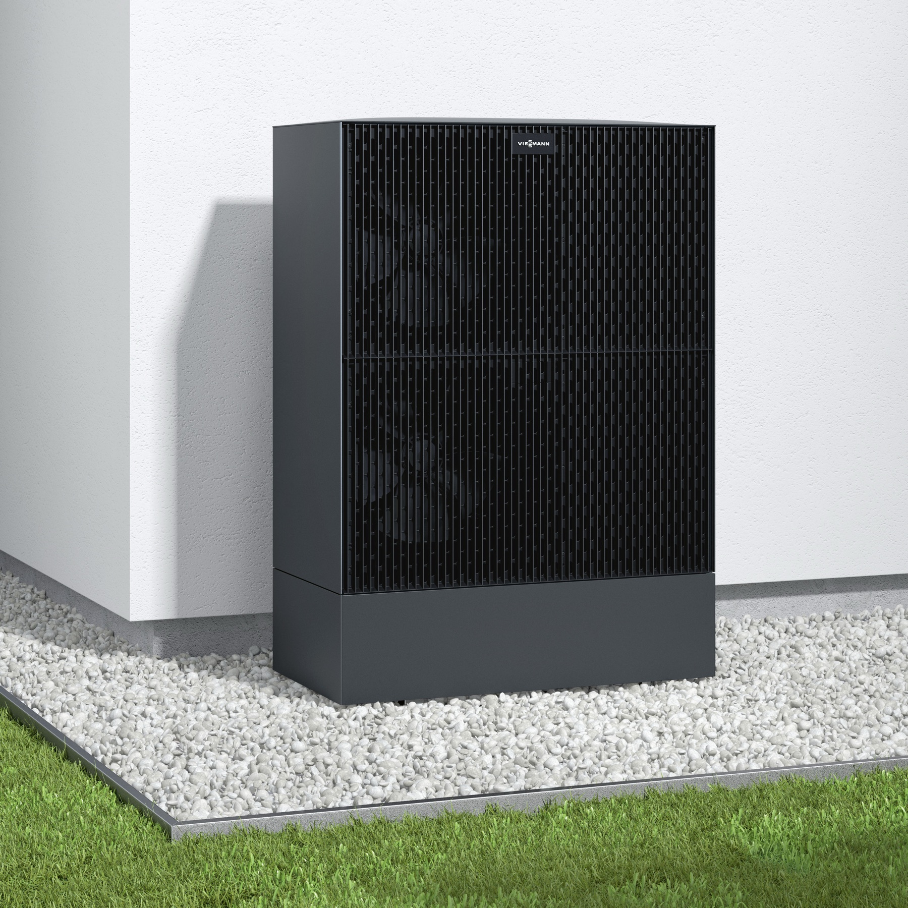 Viessmann Vitocal 250-A Außeneinheit mit geschlossener Designblende auf Bodenkonsole